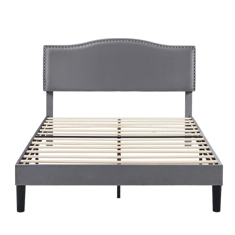 Upholstered Platform Bed Frame with Nailhead Headboard - Twin, Full, Queen, Grey