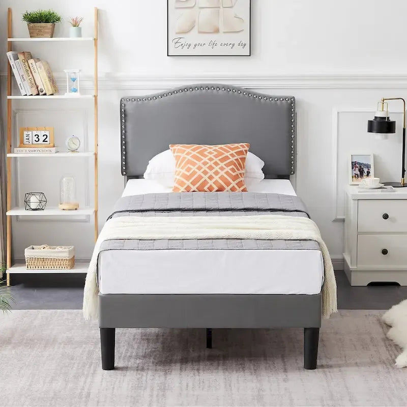 Upholstered Platform Bed Frame with Nailhead Headboard - Twin, Full, Queen, Grey