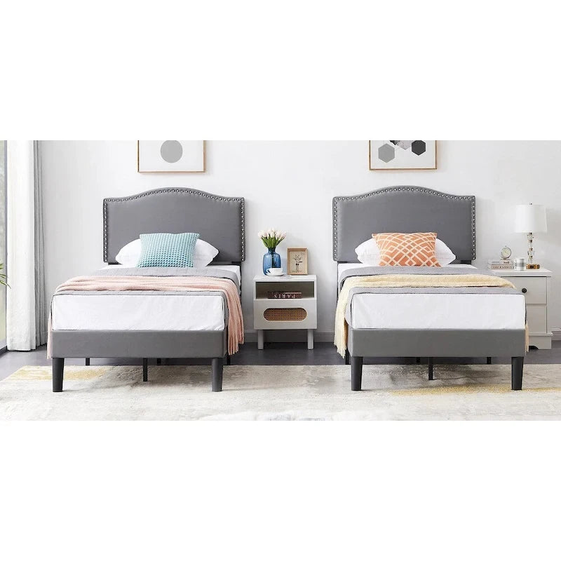 Upholstered Platform Bed Frame with Nailhead Headboard - Twin, Full, Queen, Grey