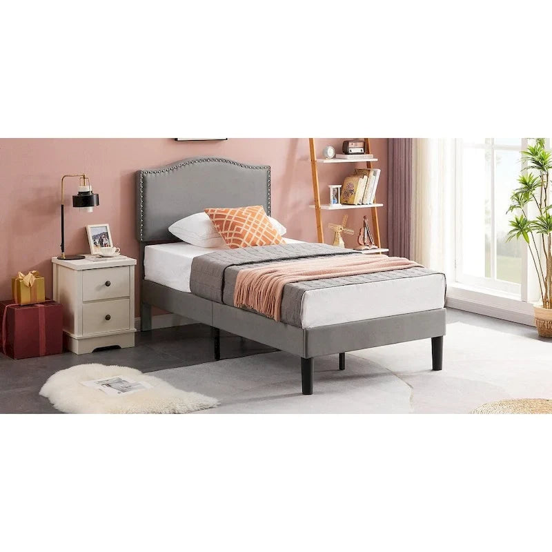 Upholstered Platform Bed Frame with Nailhead Headboard - Twin, Full, Queen, Grey