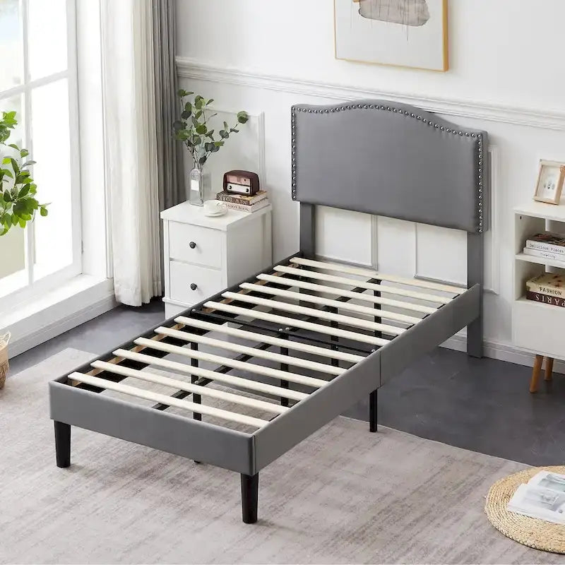 Upholstered Platform Bed Frame with Nailhead Headboard - Twin, Full, Queen, Grey