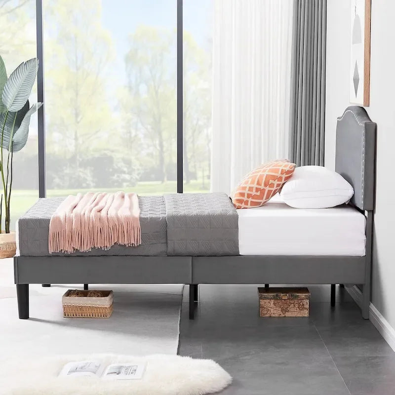 Upholstered Platform Bed Frame with Nailhead Headboard - Twin, Full, Queen, Grey