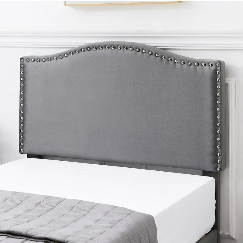 Upholstered Platform Bed Frame with Nailhead Headboard - Twin, Full, Queen, Grey