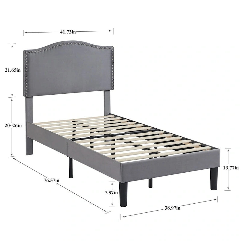 Upholstered Platform Bed Frame with Nailhead Headboard - Twin, Full, Queen, Grey