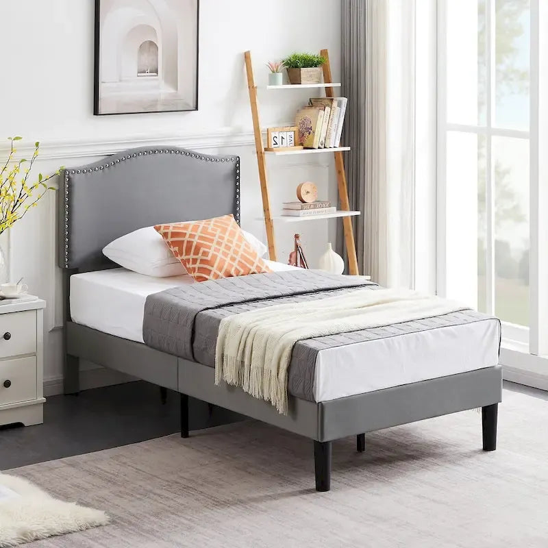 Upholstered Platform Bed Frame with Nailhead Headboard - Twin, Full, Queen, Grey