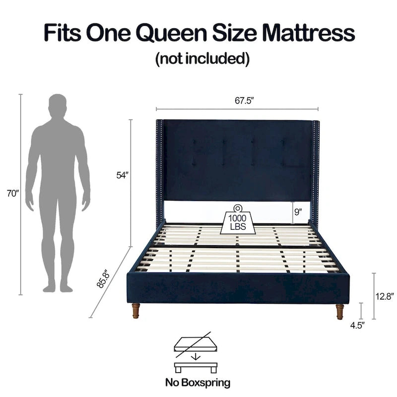 Letto Queen/King imbottito con testiera alta 54" (non richiede rete a doghe)