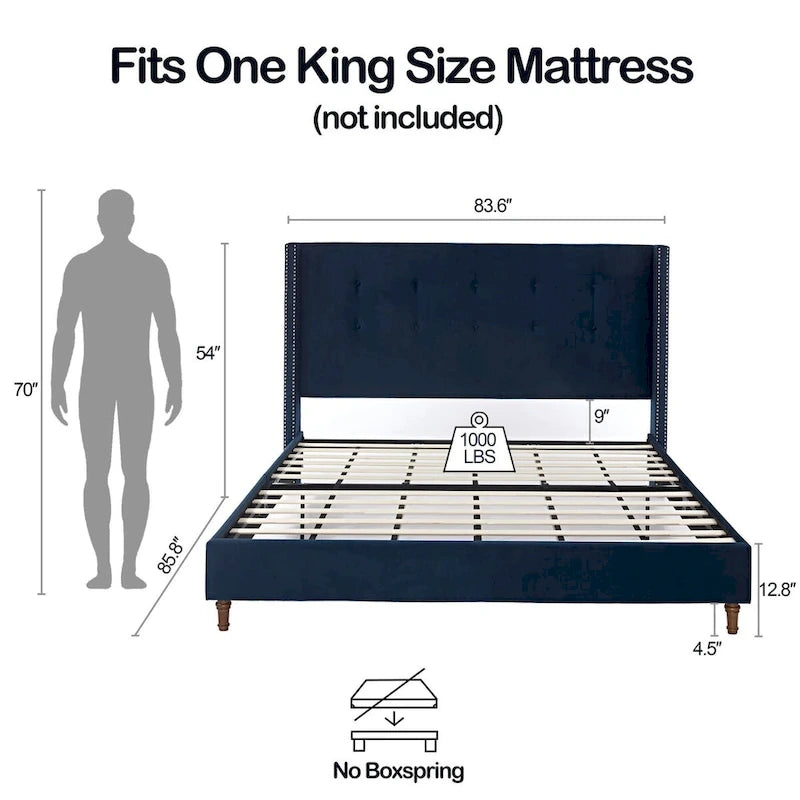 Letto Queen/King imbottito con testiera alta 54" (non richiede rete a doghe)