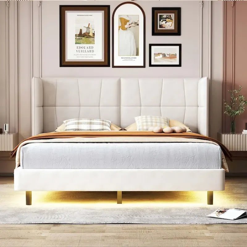 Queen Upholstered Platform Bed with LED Lights