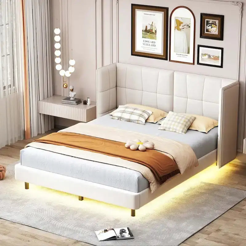 Queen Upholstered Platform Bed with LED Lights