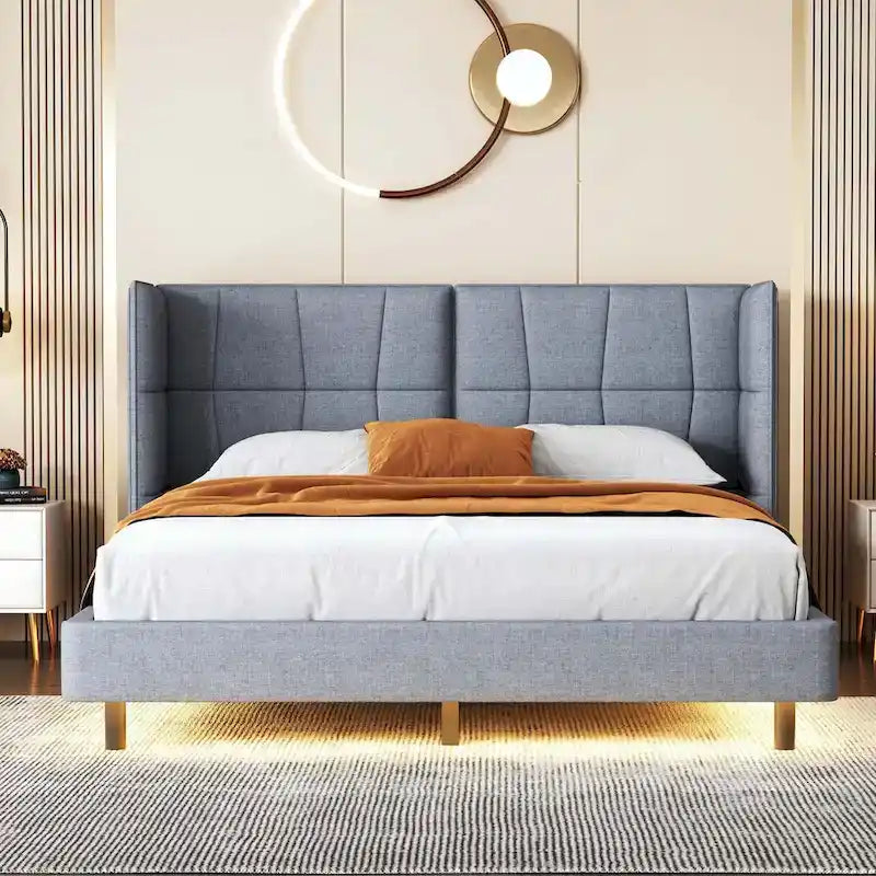 Queen Upholstered Platform Bed with LED Lights