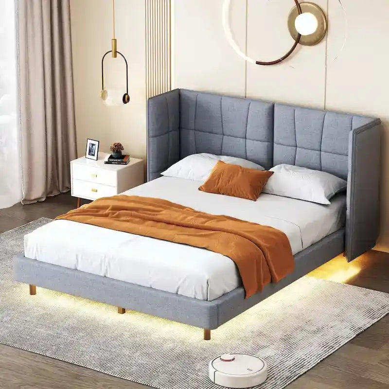Queen Upholstered Platform Bed with LED Lights