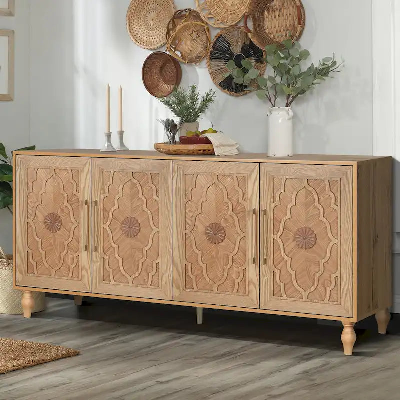 Carved Flower Door Large Storage Cabinet With Metal Handle