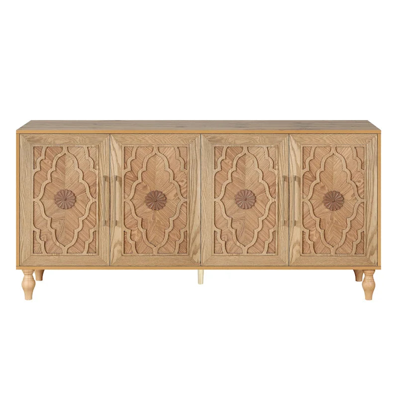 Carved Flower Door Large Storage Cabinet With Metal Handle