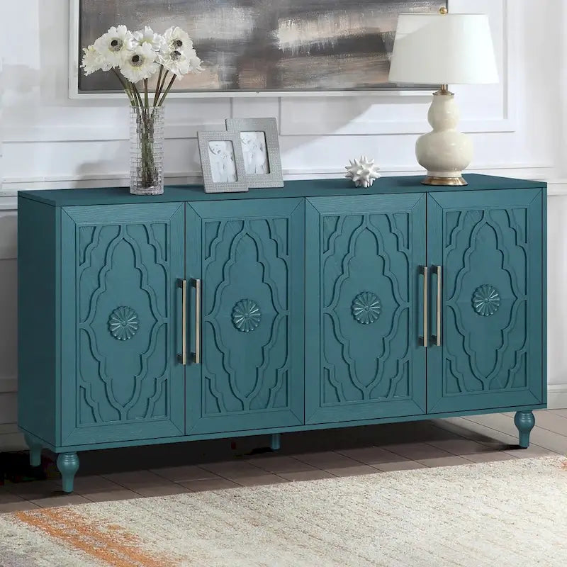 Carved Flower Door Large Storage Cabinet With Metal Handle