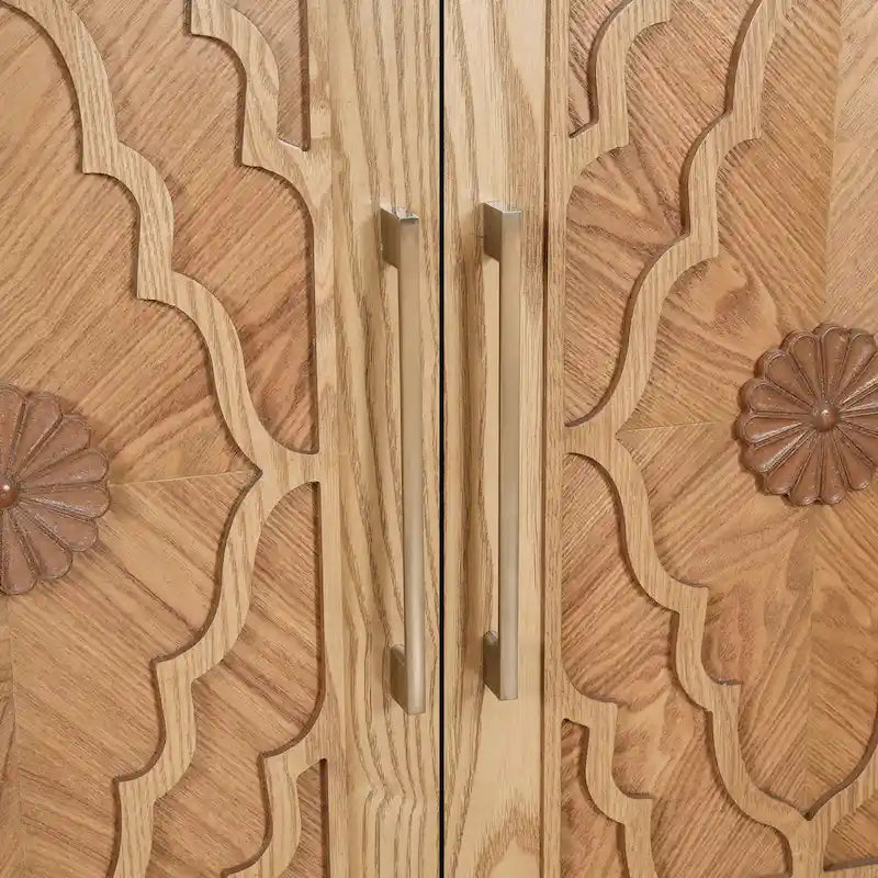 Carved Flower Door Large Storage Cabinet With Metal Handle
