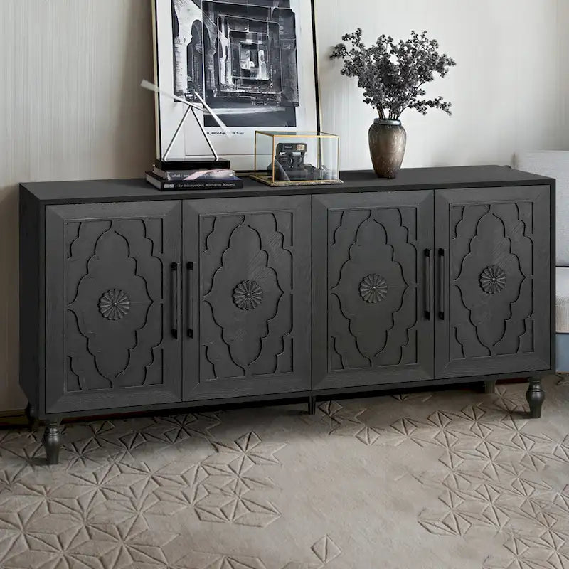 Carved Flower Door Large Storage Cabinet With Metal Handle