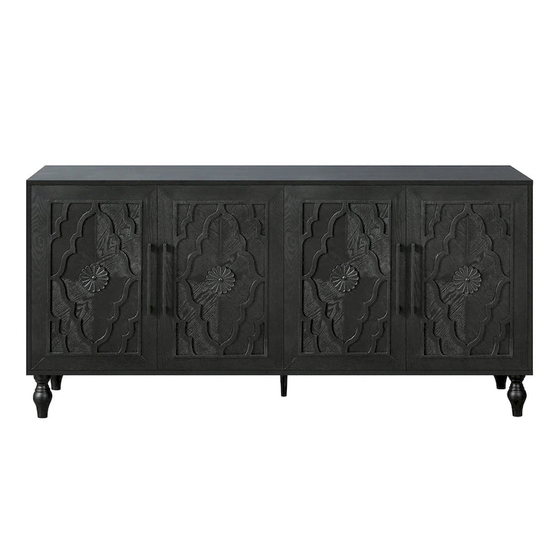 Carved Flower Door Large Storage Cabinet With Metal Handle