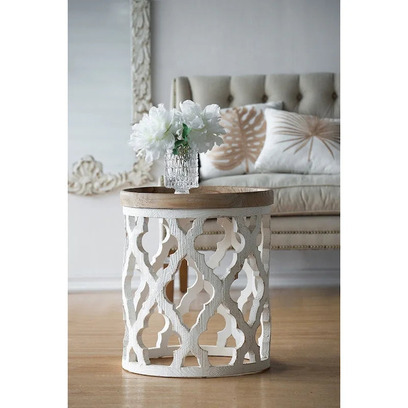 Large Distressed White Wood Side Table, 23 in