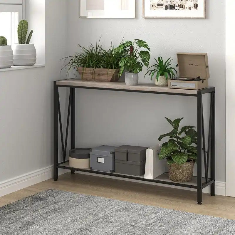 Gray 2-Tier Narrow Console Table with Storage
