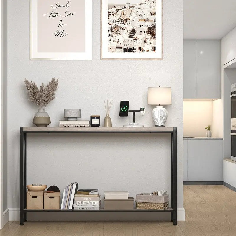 Gray 2-Tier Narrow Console Table with Storage