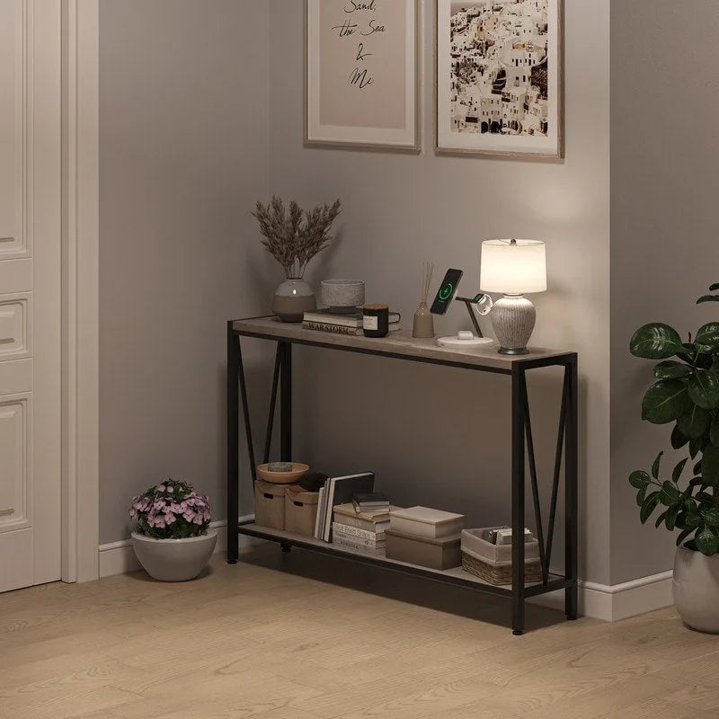 Gray 2-Tier Narrow Console Table with Storage