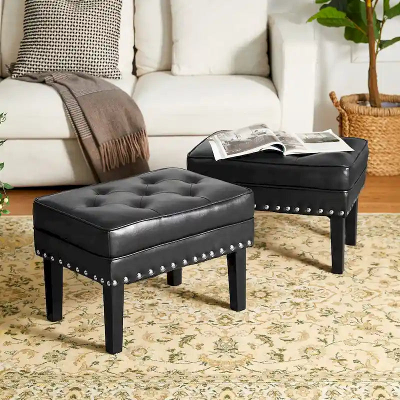 Set of 2 Faux Leather Button-Tufted Footstools and Ottomans, 22" Wide