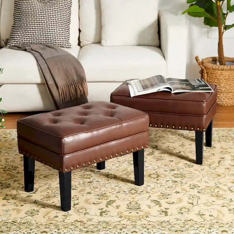 Set of 2 Faux Leather Button-Tufted Footstools and Ottomans, 22" Wide