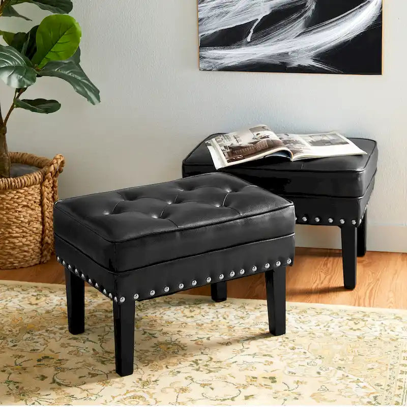 Set of 2 Faux Leather Button-Tufted Footstools and Ottomans, 22" Wide