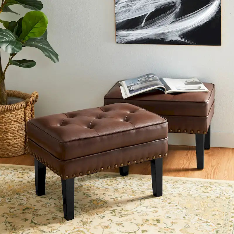 Set of 2 Faux Leather Button-Tufted Footstools and Ottomans, 22" Wide