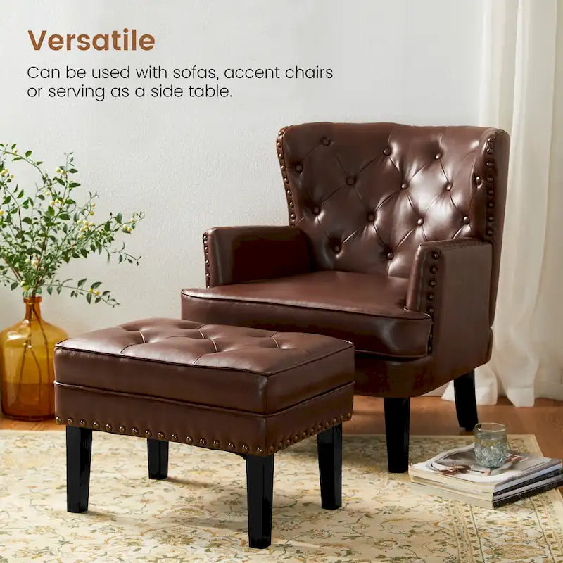Set of 2 Faux Leather Button-Tufted Footstools and Ottomans, 22" Wide