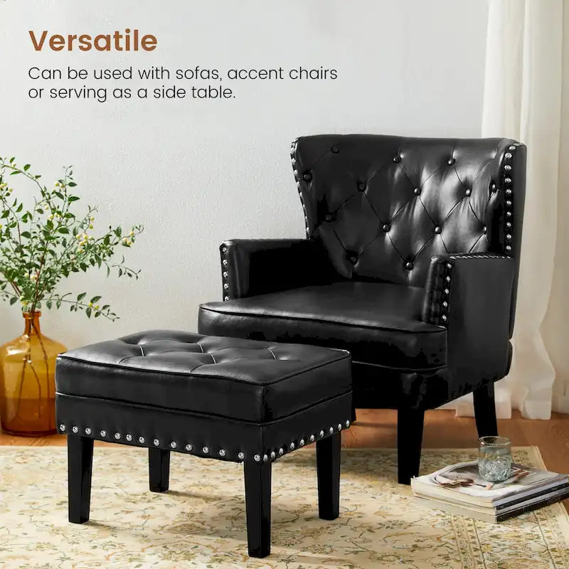 Set of 2 Faux Leather Button-Tufted Footstools and Ottomans, 22" Wide