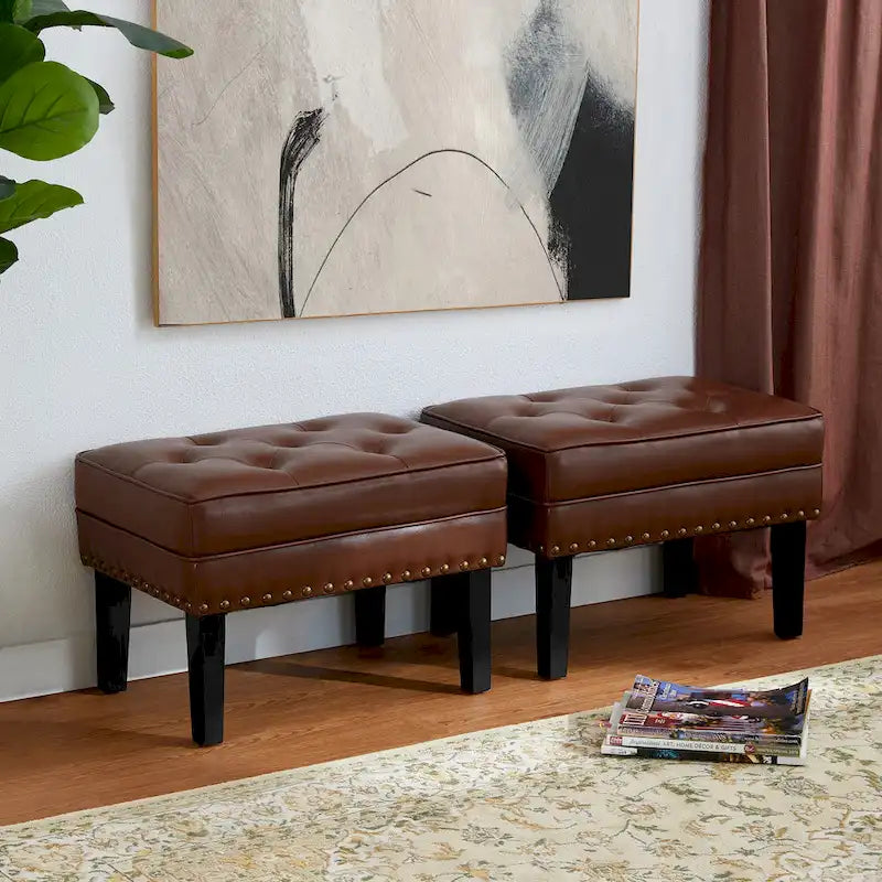 Set of 2 Faux Leather Button-Tufted Footstools and Ottomans, 22" Wide