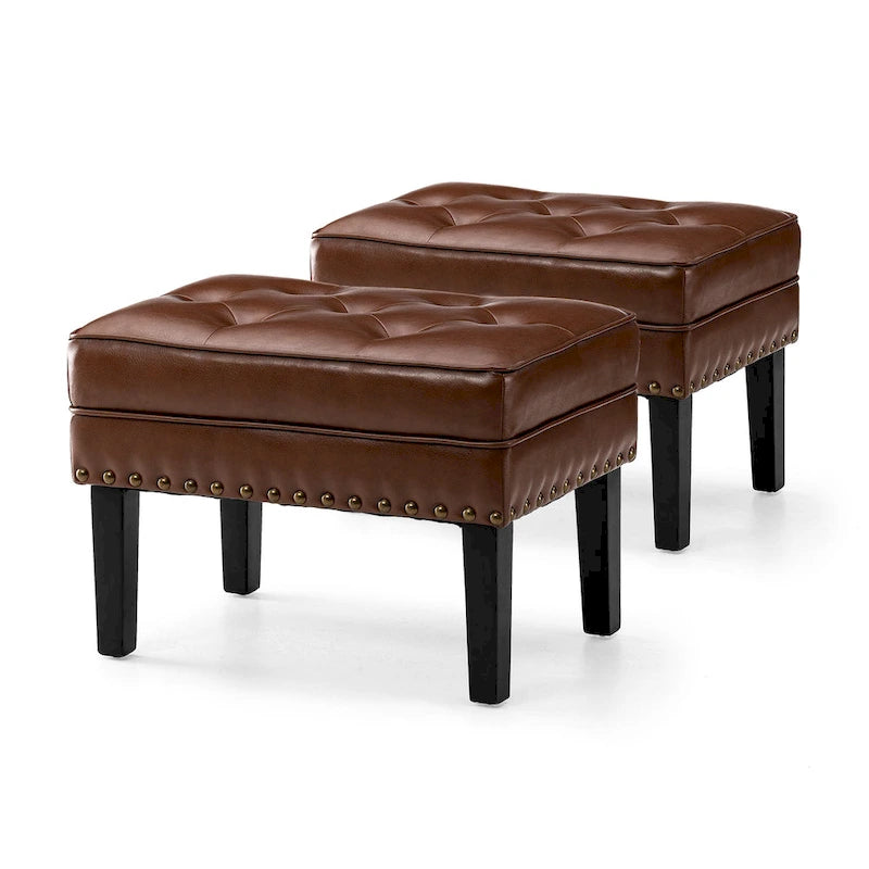 Set of 2 Faux Leather Button-Tufted Footstools and Ottomans, 22" Wide