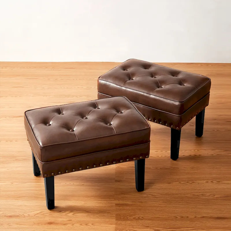 Set of 2 Faux Leather Button-Tufted Footstools and Ottomans, 22" Wide