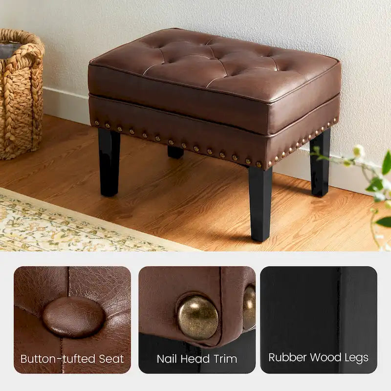Set of 2 Faux Leather Button-Tufted Footstools and Ottomans, 22" Wide