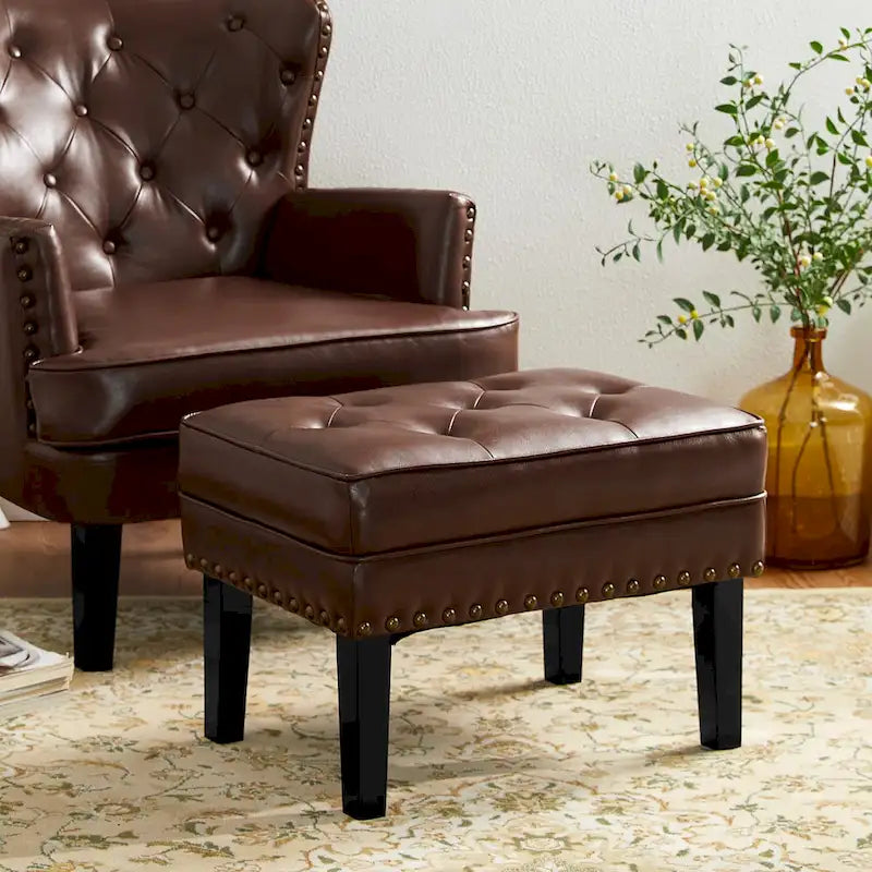 Set of 2 Faux Leather Button-Tufted Footstools and Ottomans, 22" Wide