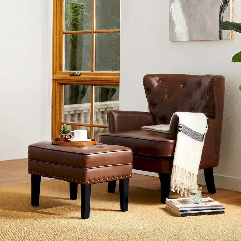 Set of 2 Faux Leather Button-Tufted Footstools and Ottomans, 22" Wide