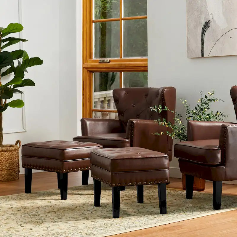 Set of 2 Faux Leather Button-Tufted Footstools and Ottomans, 22" Wide