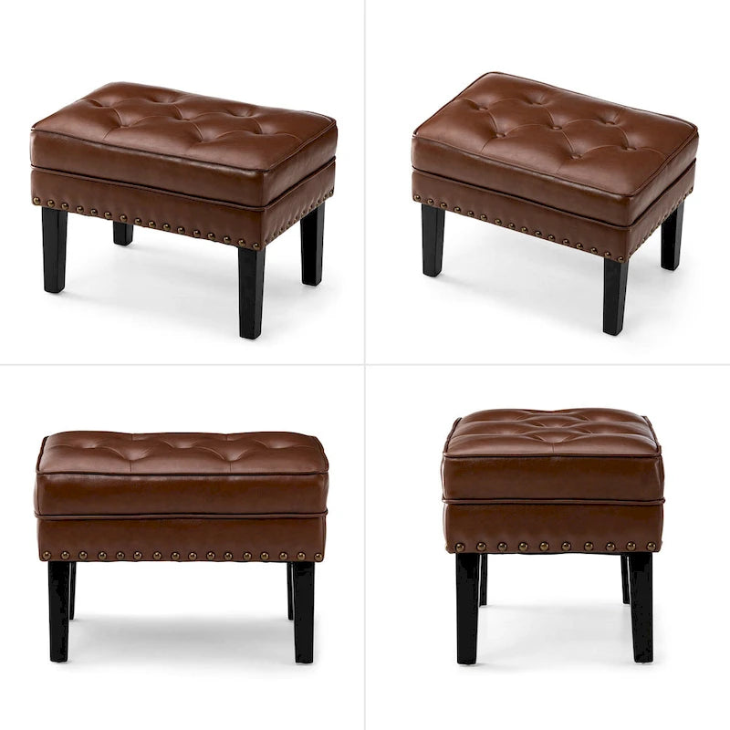 Set of 2 Faux Leather Button-Tufted Footstools and Ottomans, 22" Wide