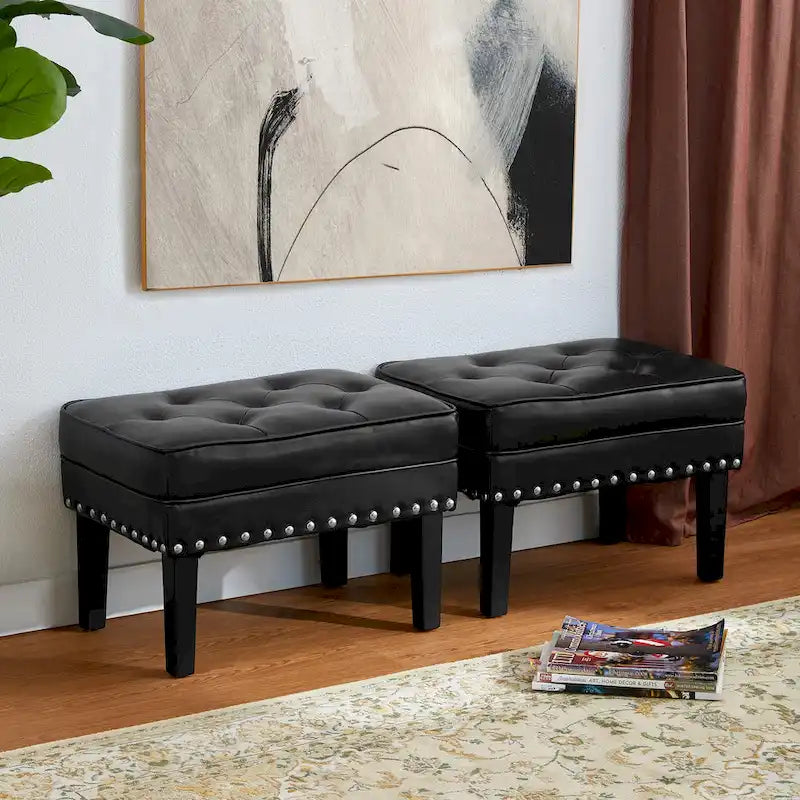 Set of 2 Faux Leather Button-Tufted Footstools and Ottomans, 22" Wide