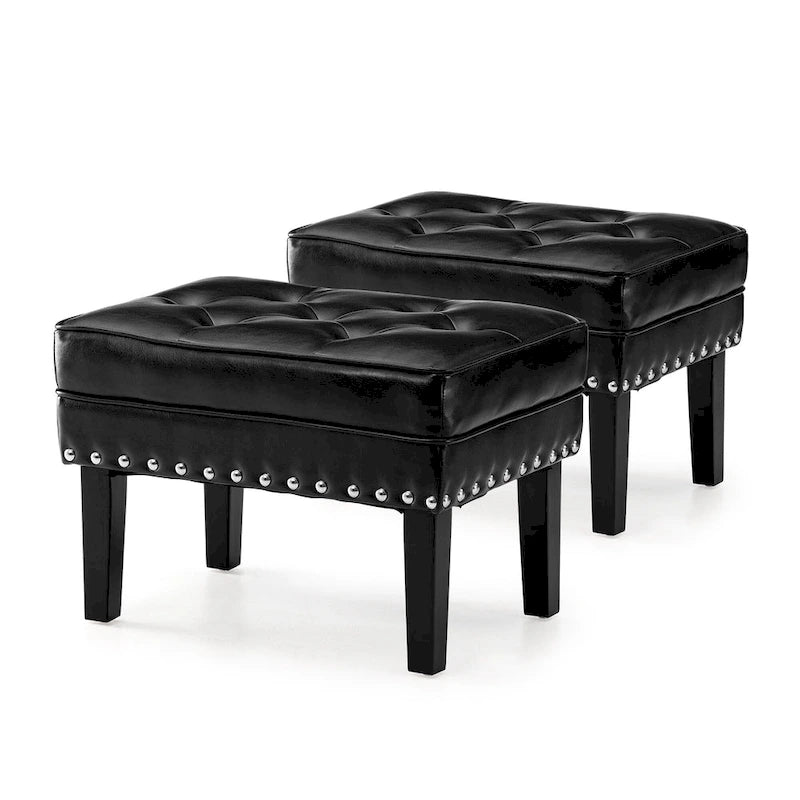 Set of 2 Faux Leather Button-Tufted Footstools and Ottomans, 22" Wide