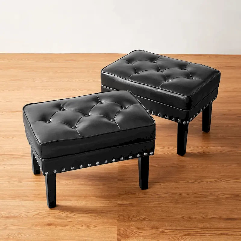 Set of 2 Faux Leather Button-Tufted Footstools and Ottomans, 22" Wide