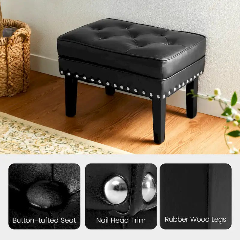 Set of 2 Faux Leather Button-Tufted Footstools and Ottomans, 22" Wide