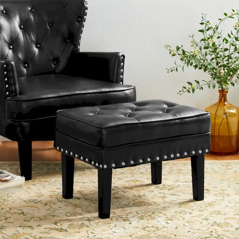 Set of 2 Faux Leather Button-Tufted Footstools and Ottomans, 22" Wide