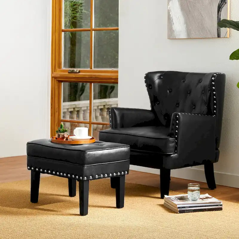 Set of 2 Faux Leather Button-Tufted Footstools and Ottomans, 22" Wide