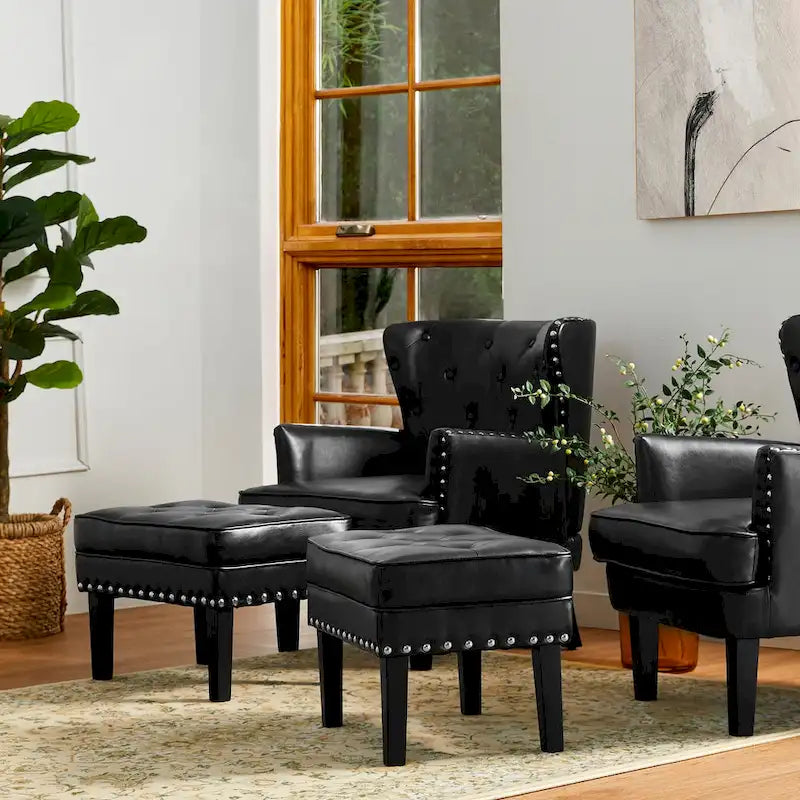 Set of 2 Faux Leather Button-Tufted Footstools and Ottomans, 22" Wide