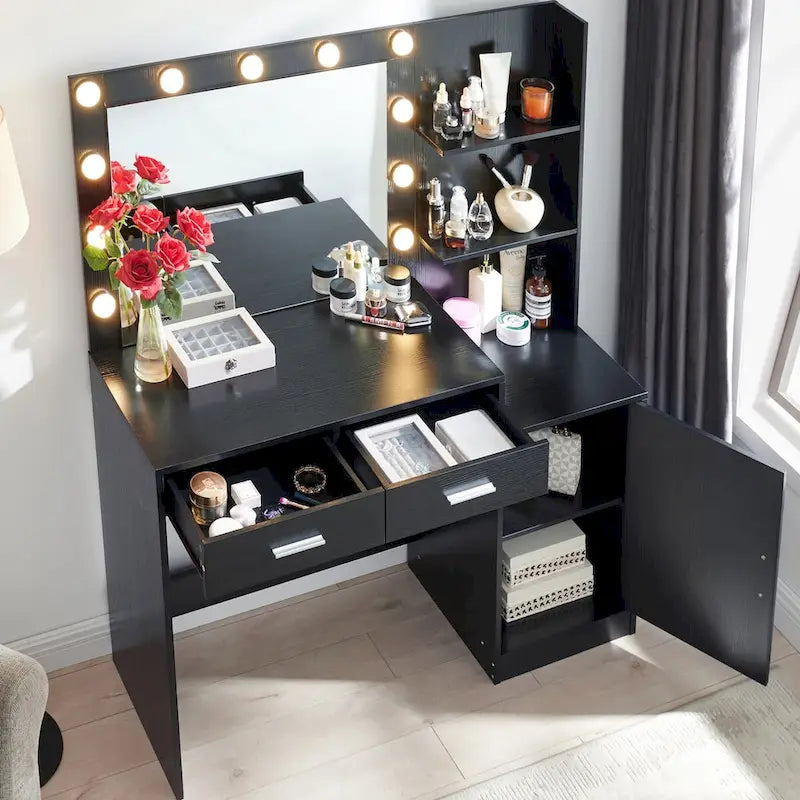 Vanity Desk with Lighted Mirror, 2 Drawers and Open Storage