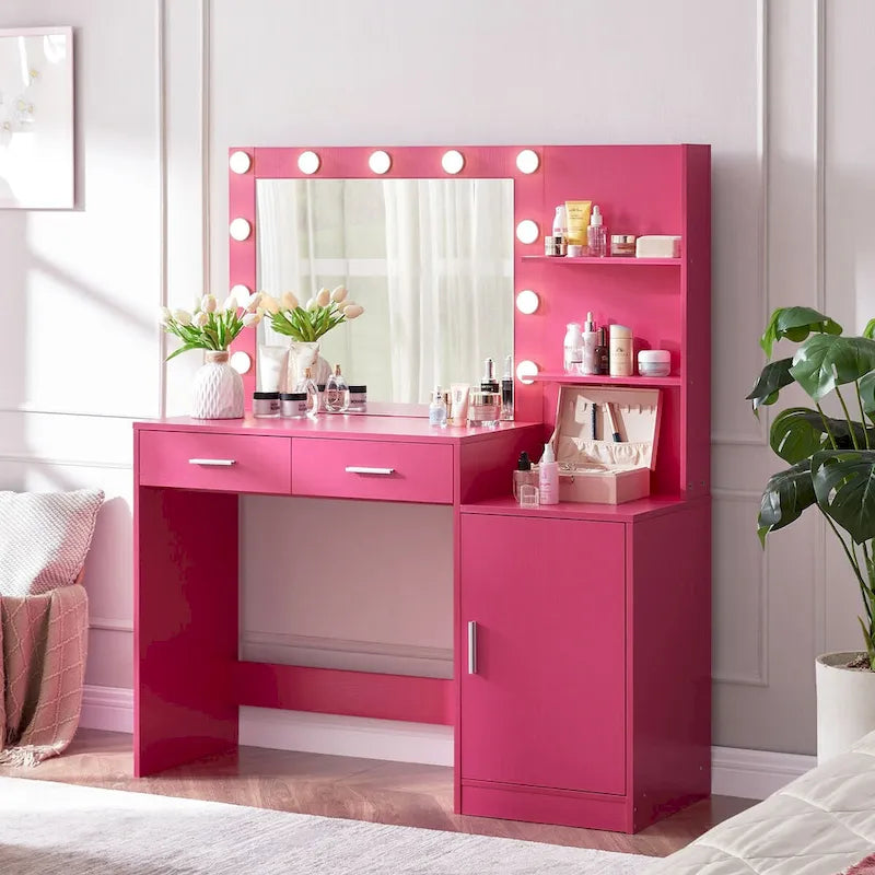 Vanity Desk with Lighted Mirror, 2 Drawers and Open Storage
