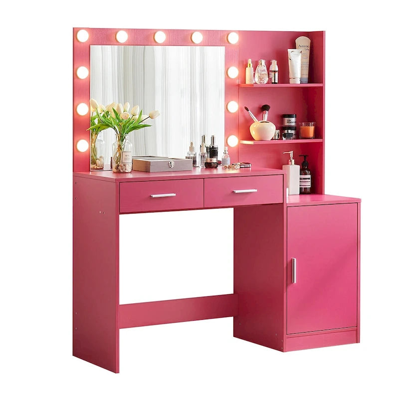 Vanity Desk with Lighted Mirror, 2 Drawers and Open Storage