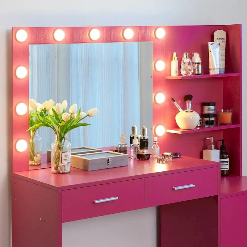 Vanity Desk with Lighted Mirror, 2 Drawers and Open Storage